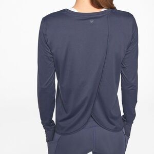 Athleta Sunlover UPF Tulip Back Top Navy Blue Long Sleeves Thumb Hole Sporty